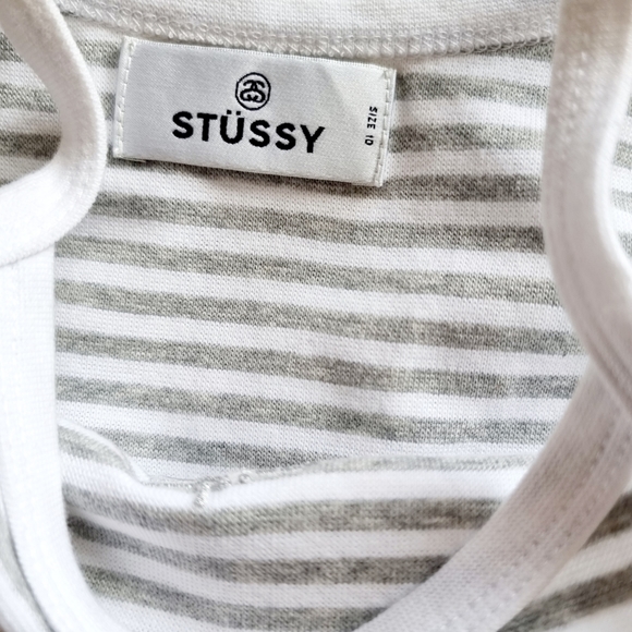 Stussy, grey + white horizontal stripe, high neck, knee-length shirt dress AU 10 - Picture 6 of 6